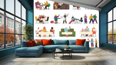 Coffee house or cafe, eating out, customers tables or bar counter vector. Couple on date, business lunch, dinner or coffee break, friends meeting. Waiter taking order and barista in coffehouse Wall mural