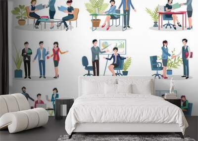 Conference holding and contract signing, office business meetings vector. Documents folders and laptop, workplace and graphic, boss and employees in flat style Wall mural