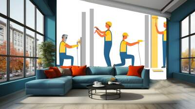 Construction, repair works drilling and painting walls vector. Building and renovation, builders in overalls and hardhat, electric drill and roller Wall mural