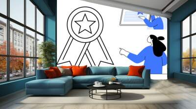 Depicts a large award ribbon with a star, alongside two people interacting with a digital screen with a star. Ideal for themes of achievement, recognition, awards, success, excellence. Minimalist Wall mural