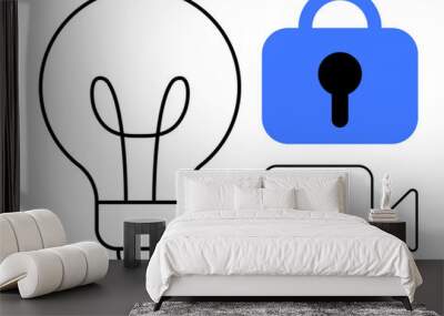 Depicts a light bulb, blue padlock, and video camera symbol. Ideal for creativity, security, media, innovation, and technology themes. Simplistic and minimal design. Black and blue colours. Vector Wall mural