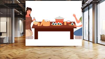 Dining table with sushi and manti. Family are eating national Japanese food. People have dinner together. Girls with traditional oriental food. Female characters isolated on white background Wall mural