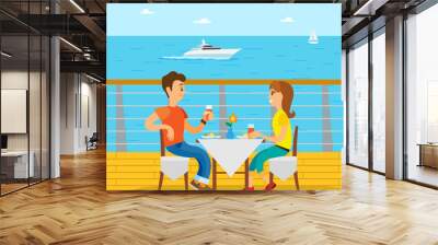 Dinning time of man and woman on cruise ship, side view of couple sitting at serevered table, people eating outdoor, ocean view with yacht vector Wall mural