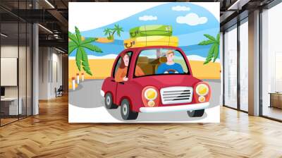 Family is going on vacation, journey on weekend by car. People in red vehicle on background of sunny palm beach having holidays. Couple is traveling with luggage. World globe vector illustration Wall mural