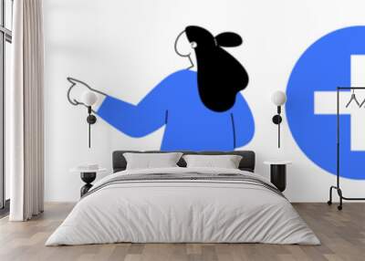 Female figure pointing at a text, a blue plus sign, and a simple black solar panel. Ideal for educational content, sustainability topics, technology, renewable energy, environmental awareness Wall mural