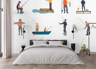 Fishers with Fishing Rod Set Vector Illustration Wall mural