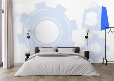 Gear mechanisms and a shopping bag with the letter S in blue and white. Ideal for ecommerce, technology, innovation, online shopping, and web development. Simple and modern style Wall mural