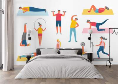 Girl and boy in sportwear pumping muscles with dumbbell, doing fitness with sport items, stretching on mat. Human lose weight, healthy activity vector Wall mural