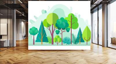 Green forest with tree and bushes, firs and birches, pines and oaks on blurred background of green plants. Vector landscape with wood design elements Wall mural