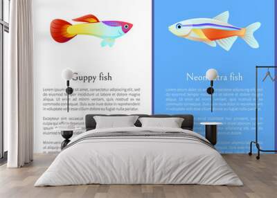 Guppy and Neon Tetra Fish Isolated on White Icons Wall mural