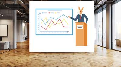 Hipster animal donkey making presentation pointing on charts and graphs. Businessman with animal face presenting statistical data on board, financial report Wall mural