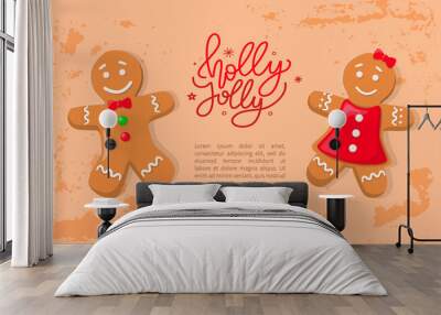 Holiday gingerbread of man and woman, smiling girl in bright dress and boy with bow and buttons. Holly paper card with traditional cookies vector Wall mural