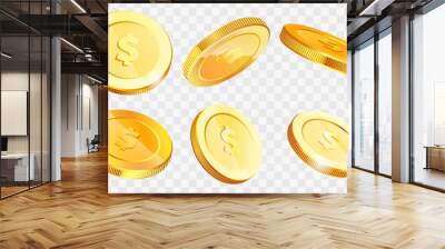 Isometric gold coins with dollar sign in various projections. Gold money cash symbol isolated on white background. Banking, business, financial operations for web apps infographics vector illustration Wall mural