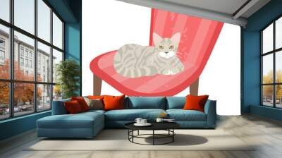 Kitten relaxing on soft pink armchair vector, isolated kitty on chair grey purring pet in home. Stool with fabric designed in vintage style pouffe Wall mural