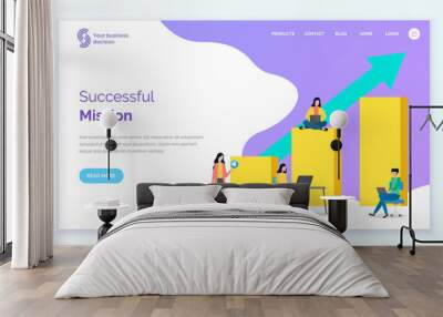 Landing page of the selling site. CEOs, women with laptops, huge surround bar chart, up arrow. Girl with like icon. Customer acquisition, consumer market research. Successful mission. Flat image Wall mural