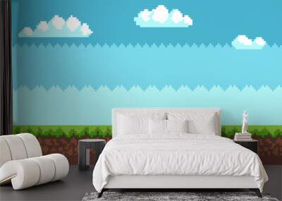 Landscape Pixel Art Style Blue Sky, White Clouds Wall mural