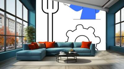 Large black fork, black gear, and a person in blue shirt pointing are visible. Ideal for technology, engineering, food industry, instructions, user interface. Simple and modern style Wall mural