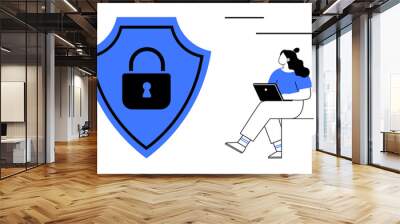 Large blue shield with black lock symbolizing security next to woman using laptop. Ideal for cybersecurity, online safety, data protection, internet security, privacy, digital security, information Wall mural