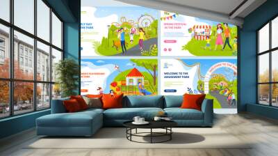 Lovely day and spring festival in amusement park, childrens playground, parents walking with boy and girl, ferris wheel and roller coaster vector. Website or webpage template, landing page flat style Wall mural