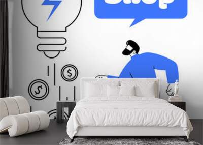 Man running towards a Shop sign with falling coins and a light bulb. Ideal for online shopping, e-commerce, business, innovation, and finance. Simple vector, blue and black colours Wall mural