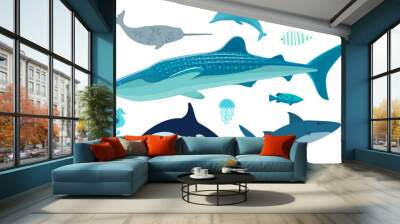 Marine life set. Wild nature of world ocean, fish, animals and molluscs. Underwater animal life. Ocean banner with jellyfish, fish, shark, turtle, seahorse and swordfish. Isolated nautical characters Wall mural