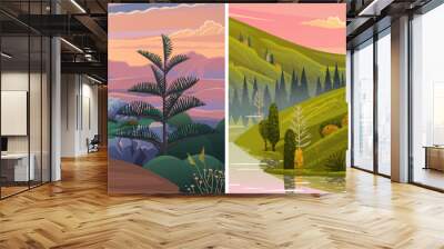 Natural landscape background with mountains at down, clear sky and clouds, river flows along winding road. Mountain river descends from peaks and flows through rocky valley. Beautiful nature scenery Wall mural