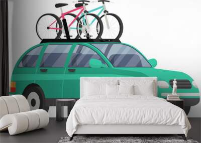 Offroad car with bicycle on roof vector isolated automobile transport. Car tourism concept. Time to travel illustration. Crossover with two bicycles mounted on roof rack. Modern station wagon car Wall mural