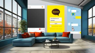 Online messenger and photo app, Korean kakao talk vector. Blank post, like and comment, chat or dialog and log in start page, modern communication Wall mural