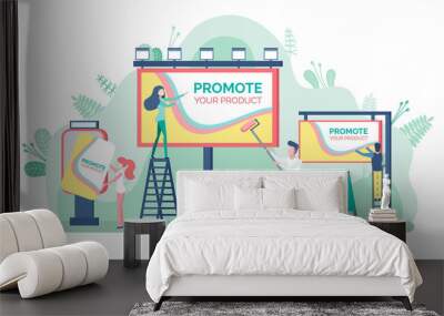 Outdoor advertising, promote your product. Man and woman standing on stairs near billboard or ad poster, public information on board, advertisement. Vector illustration in flat cartoon style Wall mural