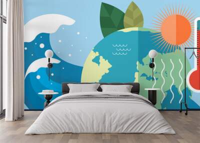 Overheating of surface of Earth and global warming concept. Climate change on planet. Sun heats surface of planet. Rising water levels on Earth lead to tsunami. Huge wave heading towards globe Wall mural