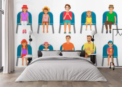 People sitting on chairs and watching show. Cartoon characters on seats looking at performance. Audience, spectators sitting on viewer places. Men and women in auditorium vector illustration Wall mural