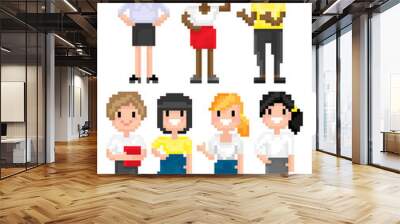 Pixel art game characters vector, woman with fancy hairstyle, lady holding book, 8 bit secretary wearing formal clothing, pixelated portrait of people smiling friends Wall mural