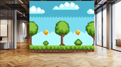 Pixel-game background with coins flying in sky. Pixel art game scene with green grass and tall trees against blue sky and pixelated golden money. Pixel style forest landscape vector illustration Wall mural