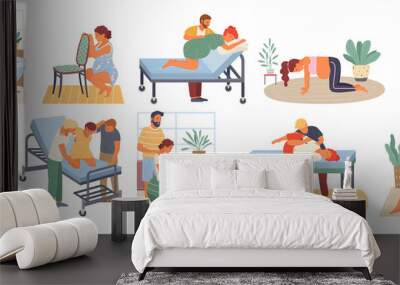 Position of pregnant woman, reproduction set, man obstetrics. Female with belly giving birth on floor, chair and ball, bath. Husband helps childbirth. Childbirth labor positions and postures at home Wall mural