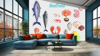 seafood set design flat fish and crab Wall mural