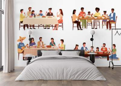 Set of illustrations on the theme of people eating. Dishes of world cuisines on the table. Families spend time together and socialize during dinner. Ethnic features of cuisines of different nations Wall mural