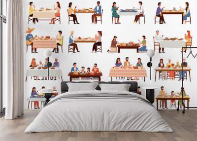 Set of illustrations on the topic of people dine on traditional dishes from different countries. People communicate together. Characters eating national meals. Families isolated on white background Wall mural