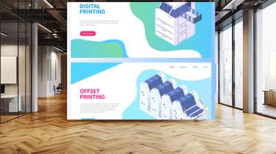 Set of illustrations on theme of printing. Isometric factory printer. Photocopier isolated on dark background. Office production equipment. Technique, printer, printing machine. Online website layout Wall mural