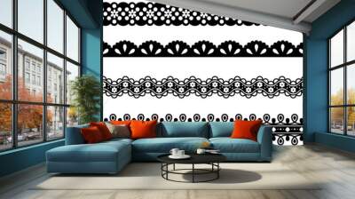 Set of wide lace ribbons with print. Black design elements isolated on white background. Seamless pattern for creating style of card with ornaments. Lace decoration template, ribbons for design Wall mural