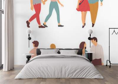 Set of young couples walking together front, side and back view. Happy cartoon people in summer cloth on walk. Male and female dating students isolated Wall mural