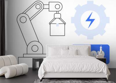 Simplified design of a robotic arm holding a box next to a gear with a lightning symbol and a blue shop speech bubble. Ideal for automation robotics technology online shopping industry Wall mural