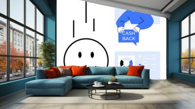 Smiling face with three vertical lines, man holding sign reading Cash Back, and data analysis chart. Ideal for cashback promotions, customer rewards, financial savings, concepts of happiness Wall mural