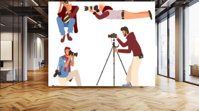 Smiling man taking photo, photographer character in casual clothes shooting. Male sitting, lying and standing with camera on tripod, photographing vector Wall mural