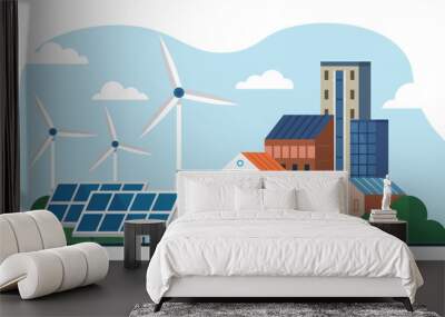 Solar panels energy charging. Renewable alternative ecological technology with power plant, solar battery, panel. Solar panels cells for electricity grid. Eco friendly power industry, sustainable Wall mural