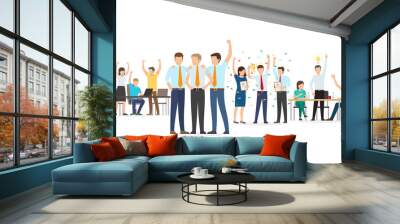 Successful team vector, people celebrating victory and success of project, man with idea for business problems solutions teamwork good job flat style Wall mural