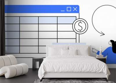 Table on screen with blue header, dollar sign indicating finance, calculator symbols, and female character pointing. Ideal for finance, data analysis, budgeting, business, digital tools. Simple Wall mural