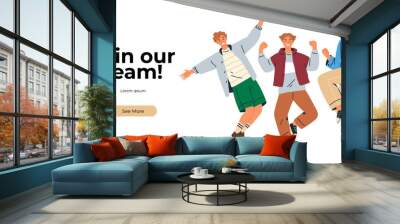 Three animated individuals jumping excitedly against a white background with the text Join our team. Ideal for job recruitment, career opportunities, team building, company culture, and talent Wall mural