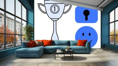 Three icons are visible a trophy, a padlock, and a happy face. Ideal for themes like achievement, security, motivation, success, and happiness. Simple vector style with black and blue colours Wall mural