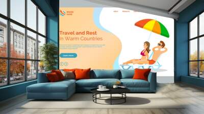 Travel and rest in warm countries vector, man and woman spending vacation at beach, summertime holidays and relaxation. People wearing bathing suits. Website or webpage template, landing page flat Wall mural