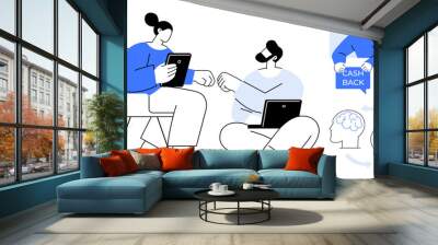 Two people interacting with digital devices, exchanging ideas. A small window shows a person emphasizing cashback. Ideal for teamwork, digital communication, e-commerce, productivity, technology Wall mural